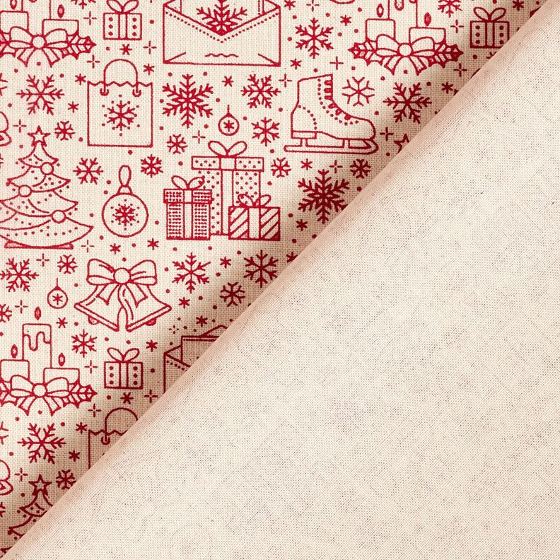 Puuvillakangas Kretonki graafiset jouluaiheiset kuviot – luonnonvärinen/karmiininpunainen,  image number 4