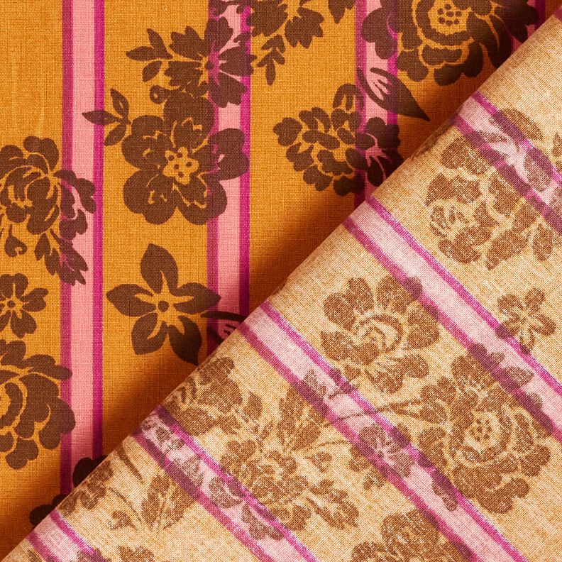 Puuvillakangas Kretonki Kukat raidoissa – currynkeltainen/purppura,  image number 4