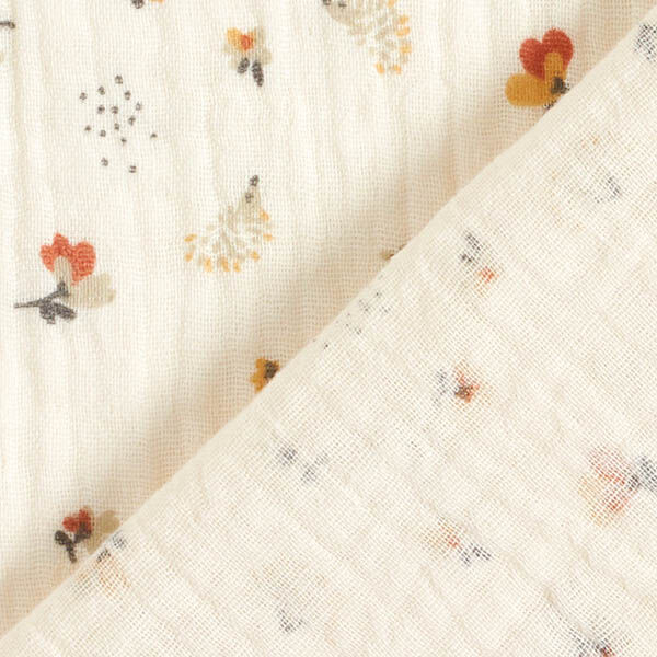 Musliini-/kaksikerroksinen kangas Kukkaset ja siilit – villanvalkoinen,  image number 4