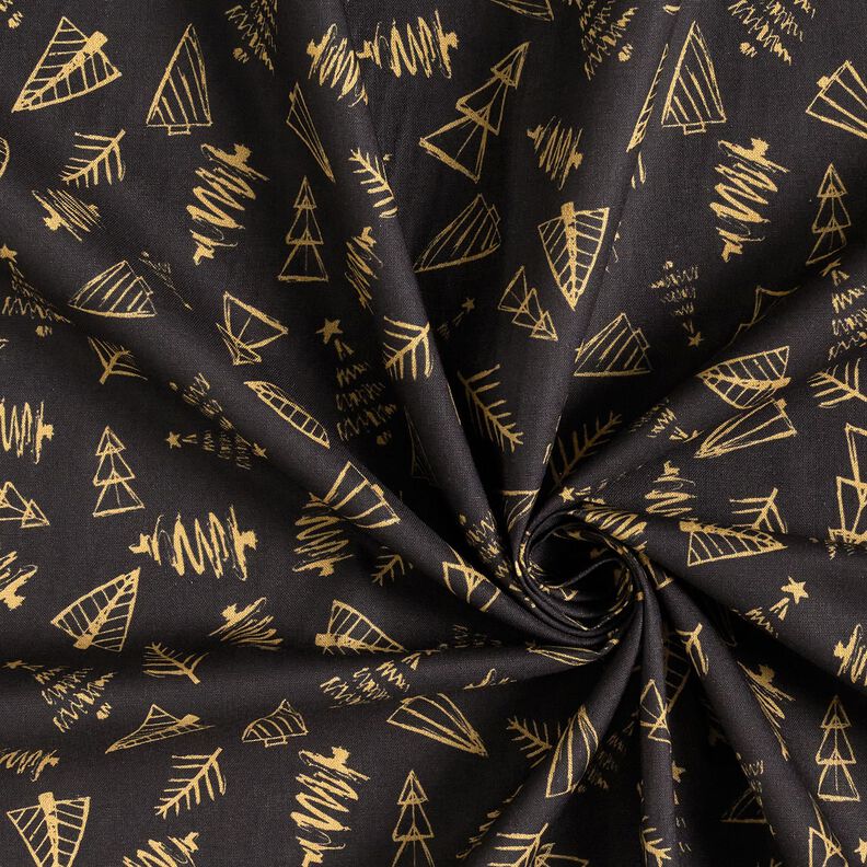 Puuvillakangas Kretonki Tyylikkäät kuuset – musta/kulta,  image number 3