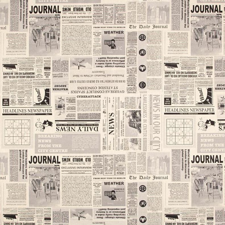Sisustuskangas Puolipanama vintage sanomalehti – luonnonvärinen/musta,  image number 1