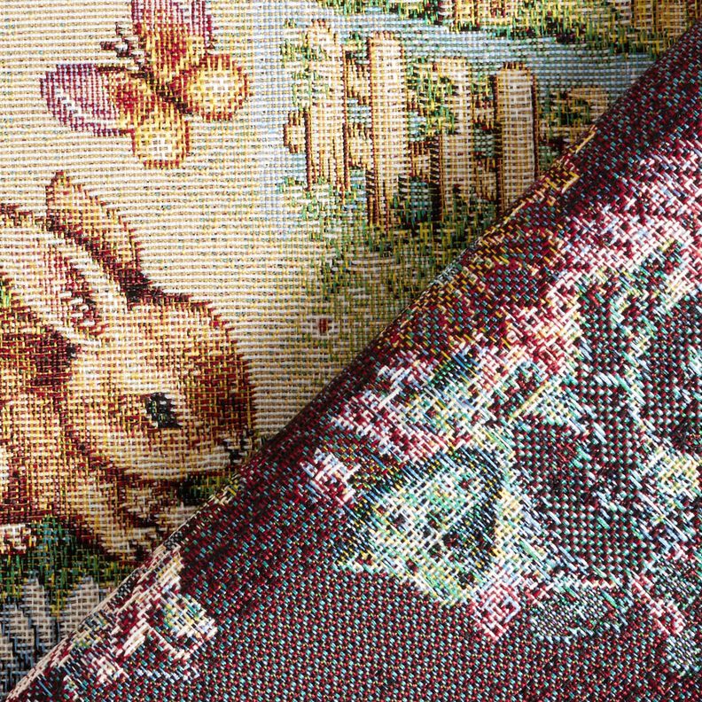 Sisustuskangas Gobeliini P&auml;&auml;si&auml;ispuput puutarhassa &ndash; vaalea beige/marja,  image number 4