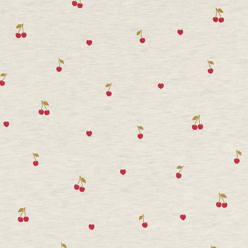 Puuvillajersey kirsikat ja sydämet – luonnonvärinen/vaaleanharmaa,  image number 1