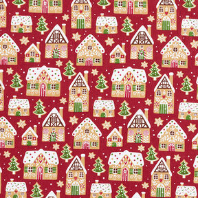 Puuvillakangas Kretonki Piparkakkutalo &ndash; karmiininpunainen, 