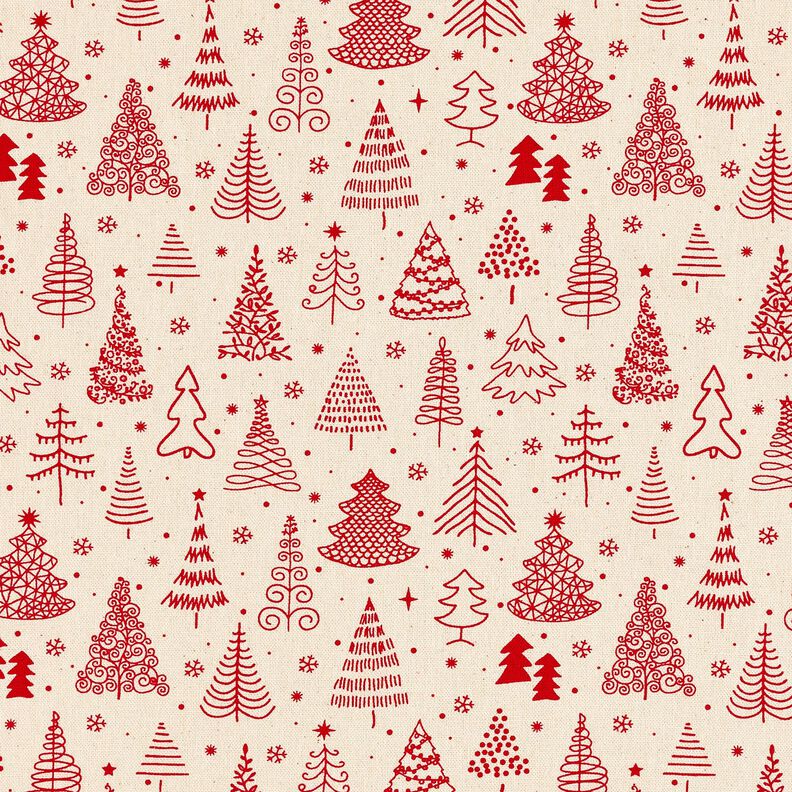 Puuvillakangas Kretonki s&ouml;p&ouml;t kuuset &ndash; luonnonv&auml;rinen/karmiininpunainen,  image number 1