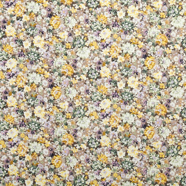 Puuvillapopliini Romanttiset kukat – malvanharmaa/kulta,  image number 1
