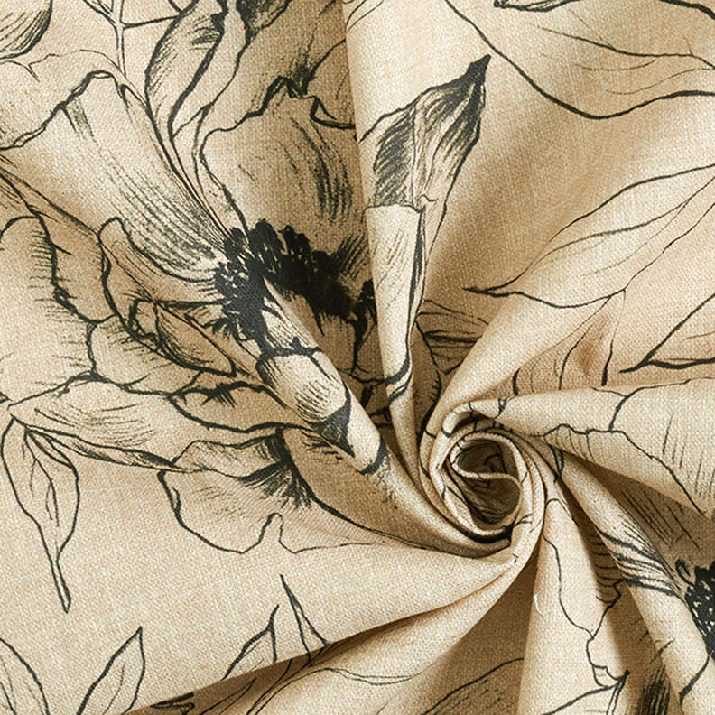 Sisustuskangas Puolipanama Piirretyt kukat – anemone/musta,  image number 3
