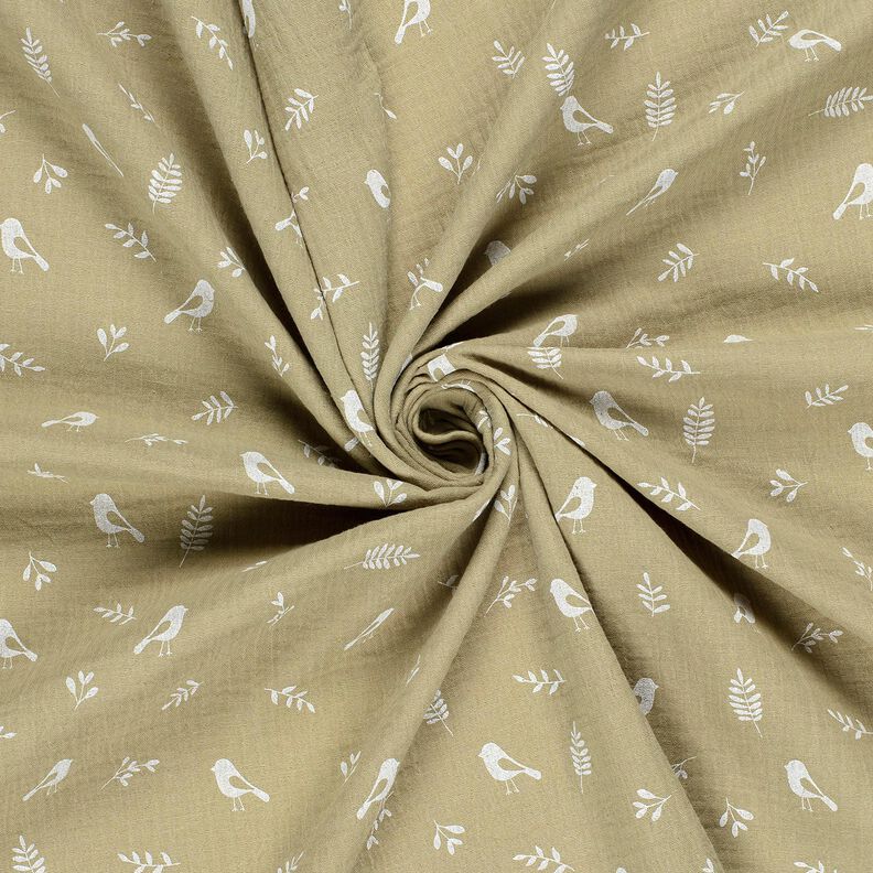 Musliini-/kaksikerroksinen kangas Oksat ja lintuset – vaalea khaki/valkoinen,  image number 3