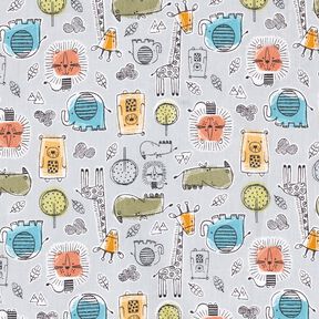 Puuvillakangas Kretonki Eläimet safarilla – hopeanharmaa, 