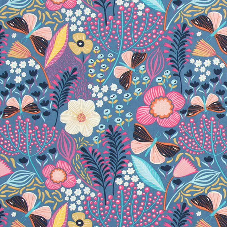 Puuvillakangas Kretonki Perhoset ja kukinnot – siniharmaa/pink,  image number 1