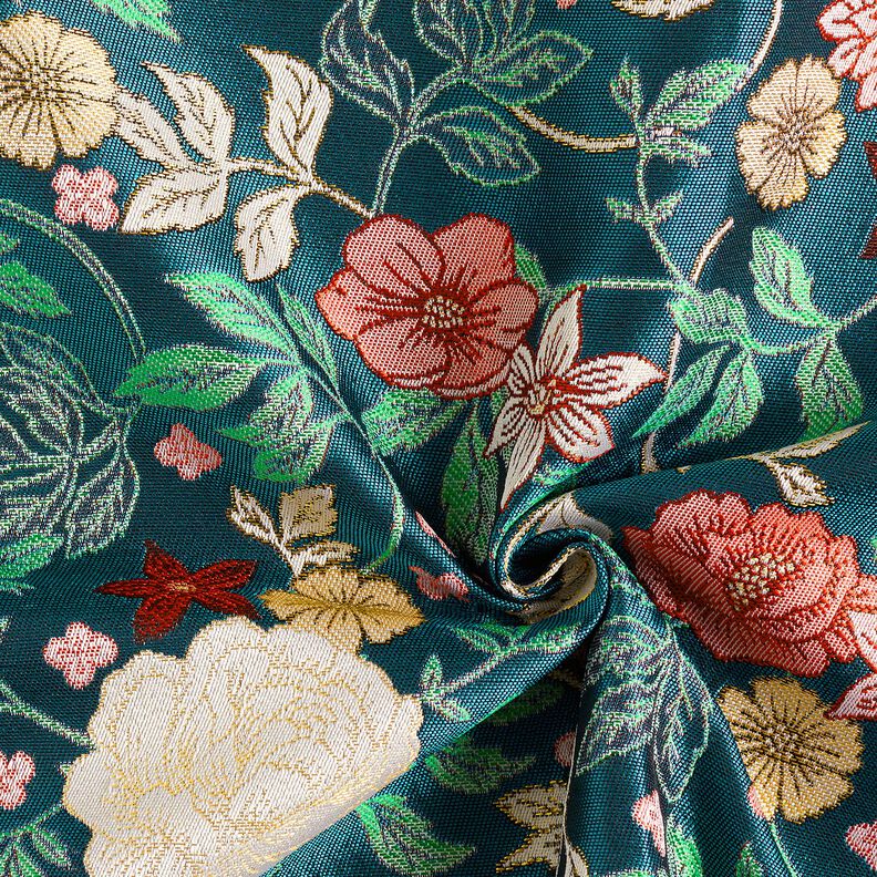 Sisustuskangas Jacquard Vintage-kukat – petrooli/tummanpunainen,  image number 3