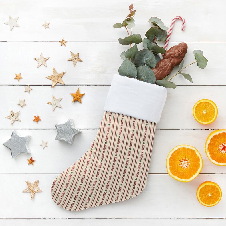 Sisustuskangas Puolipanama Raidat ja tähdet – luonnonvärinen/viininpunainen,  image number 6