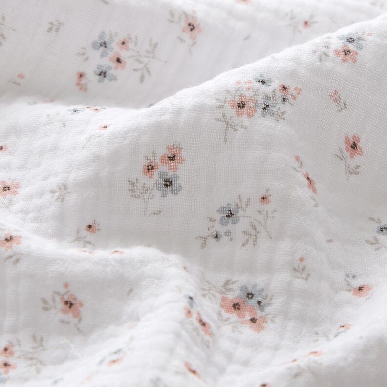 Musliini-/kaksikerroksinen kangas Romanttiset kukkaset – valkoinen,  image number 2
