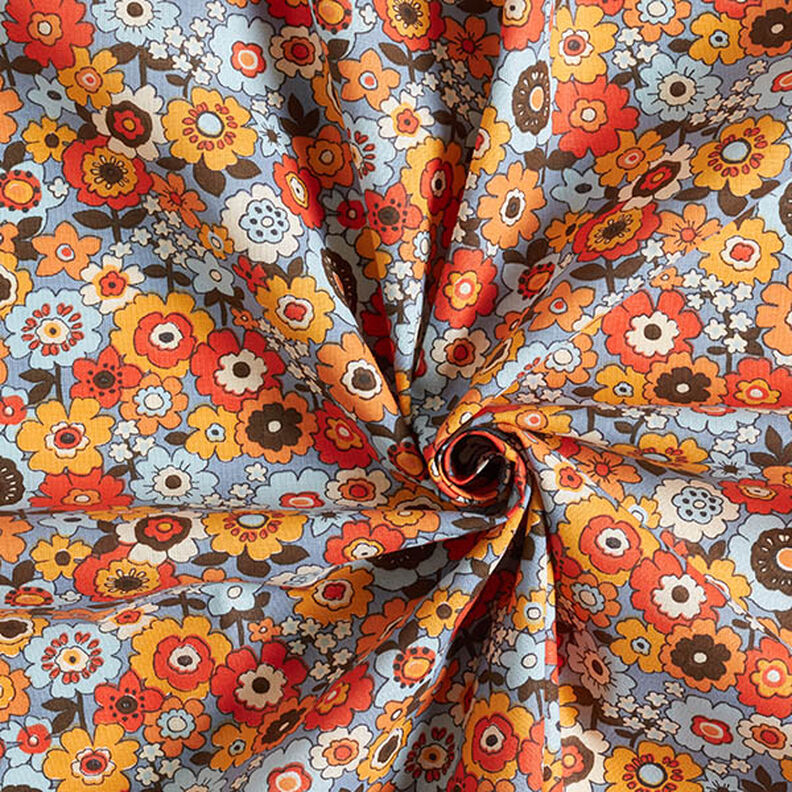 Puuvillakangas Kretonki Värikkäät kukat – vaalea farkunsininen/oranssi,  image number 3
