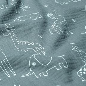 Musliini-/kaksikerroksinen kangas Suuret kirahvit ja norsut – kyyhkynsininen, 