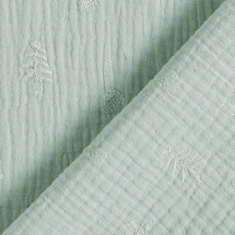 Musliini-/kaksikerroksinen kangas Kirjonta Kukat ja oksat – vaalea minttu,  image number 4