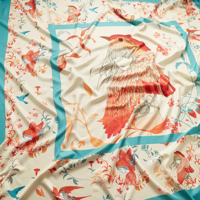 Satiinipaneeli Linnut ja keijut | Katia Fabrics – vedensininen/kerma,  image number 2