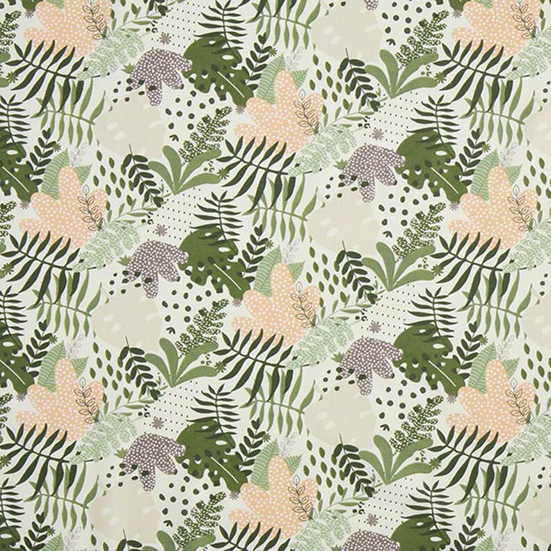 Puuvillakangas Kretonki Abstraktit viidakon kasvit – valkoinen/vihreä,  image number 1