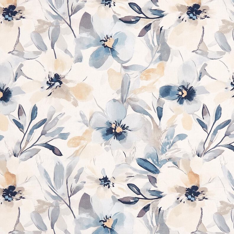 Sisustuskangas Puolipanama Suuret kukinnot &ndash; manteli/sininen,  image number 1