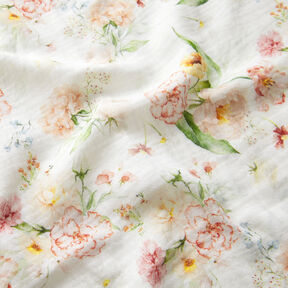 Musliini-/kaksikerroksinen kangas Kukkakimppu Digitaalipainatus – villanvalkoinen, 