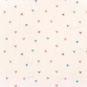 Musliini-/kaksikerroksinen kangas V&auml;rikk&auml;&auml;t syd&auml;met Digitaalipainatus &ndash; valkoinen, 