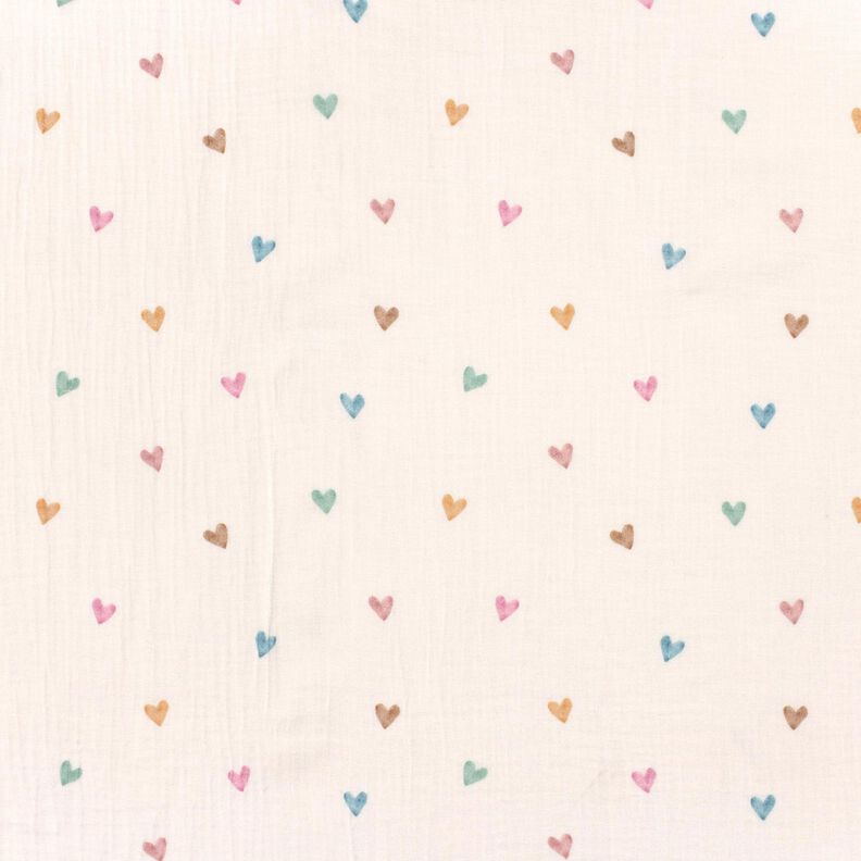 Musliini-/kaksikerroksinen kangas V&auml;rikk&auml;&auml;t syd&auml;met Digitaalipainatus &ndash; valkoinen,  image number 1