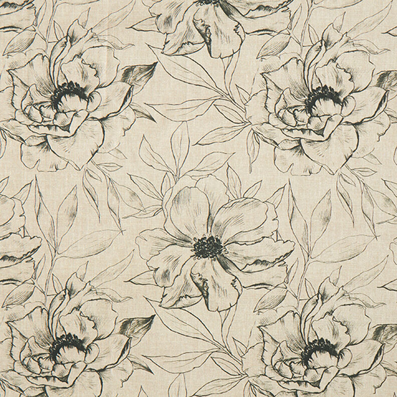 Sisustuskangas Puolipanama Piirretyt kukat – anemone/musta,  image number 1