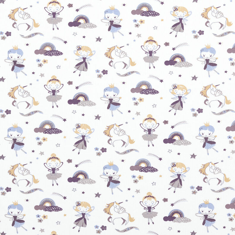 Puuvillajersey Keiju, yksisarvinen ja sateenkaari – valkoinen/farkunsininen,  image number 1