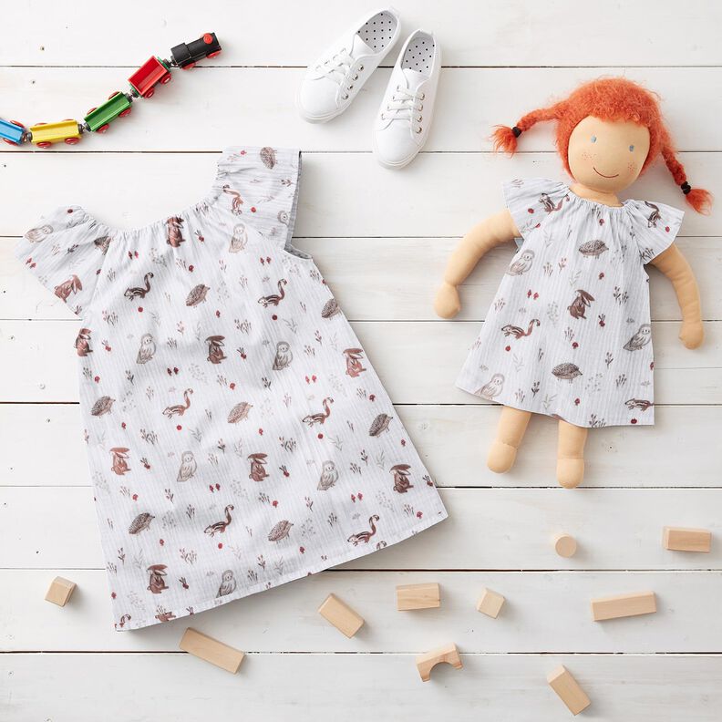 Musliini-/kaksikerroksinen kangas Eläimet metsäaukealla – valkoinen,  image number 5