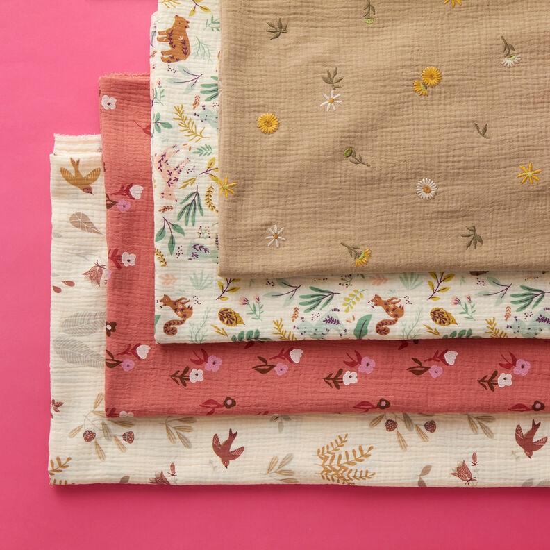 Musliini-/kaksikerroksinen kangas Mets&auml;n kasvit &ndash; villanvalkoinen,  image number 5