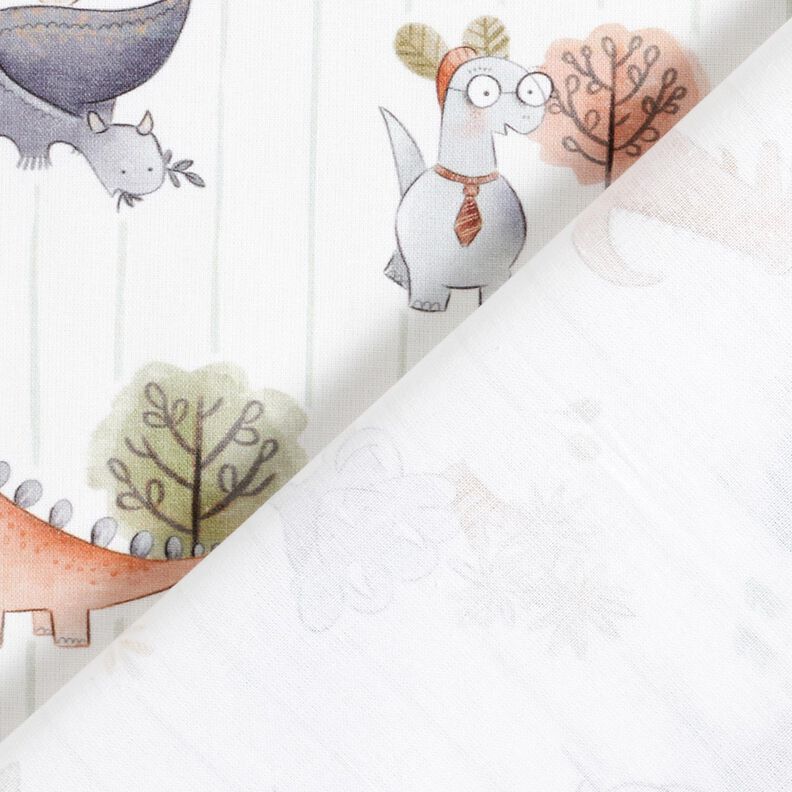 Puuvillapopliini Dinosaurukset ja raidat Digitaalipainatus &ndash; valkoinen/kaisla,  image number 4