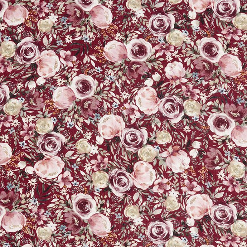 Musliini-/kaksikerroksinen kangas akvarelliruusut Digitaalipainatus – bordeauxin punainen,  image number 1