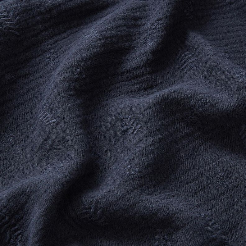 Musliini-/kaksikerroksinen kangas Kirjonta Kukat ja oksat – laivastonsininen,  image number 2