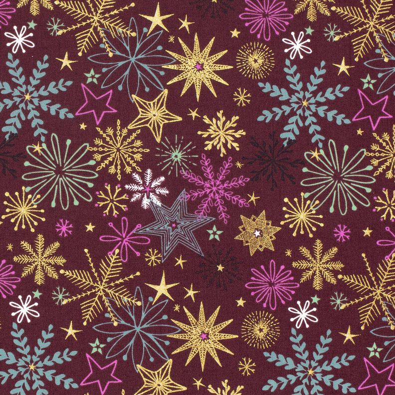 Puuvillakangas Popliini Tähtisekoitus – bordeauxin punainen/kulta,  image number 1