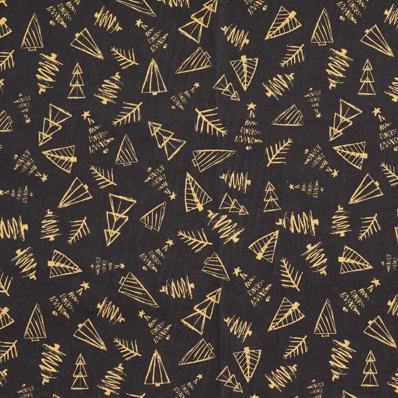 Puuvillakangas Kretonki Tyylikkäät kuuset – musta/kulta,  image number 1