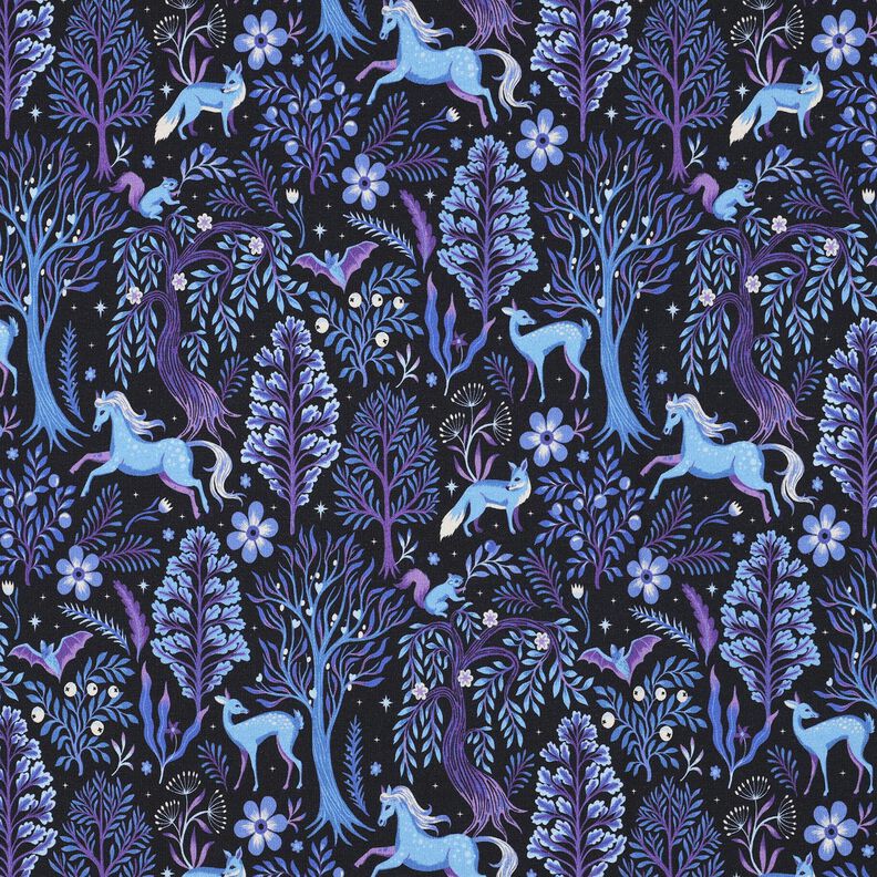 French Terry Kesäcollege Satumetsä Digitaalipainatus | Poppy Fabrics – sinimusta/punalila,  image number 1