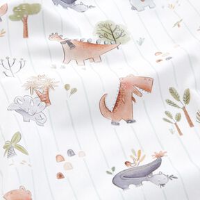 Puuvillapopliini Dinosaurukset ja raidat Digitaalipainatus &ndash; valkoinen/kaisla, 