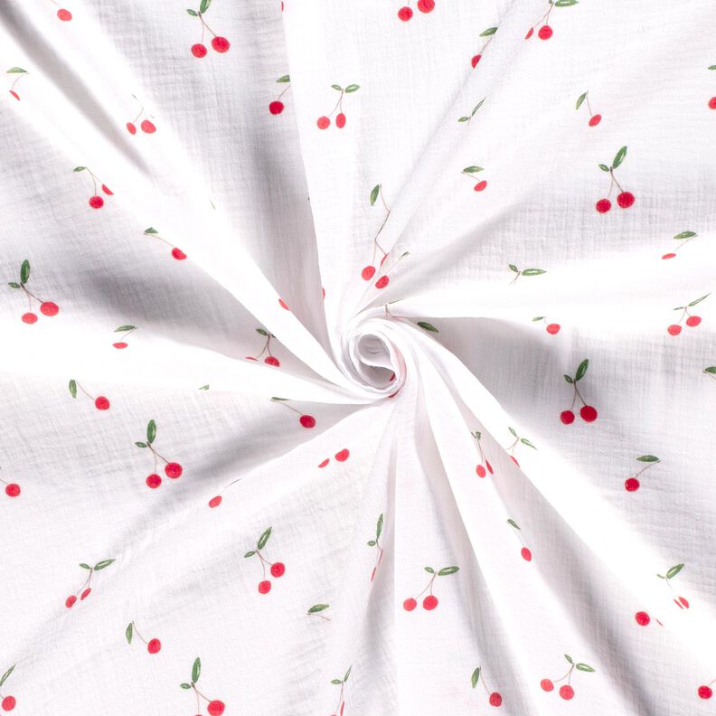Musliini-/kaksikerroksinen kangas Akvarelli Kirsikat Digitaalipainatus – valkoinen,  image number 3
