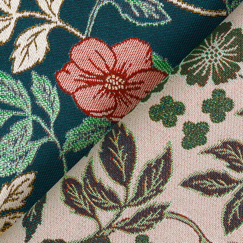 Sisustuskangas Jacquard Vintage-kukat – petrooli/tummanpunainen,  image number 4