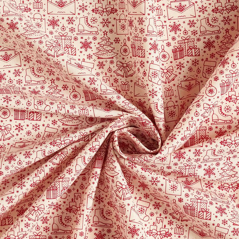 Puuvillakangas Kretonki graafiset jouluaiheiset kuviot – luonnonvärinen/karmiininpunainen,  image number 3