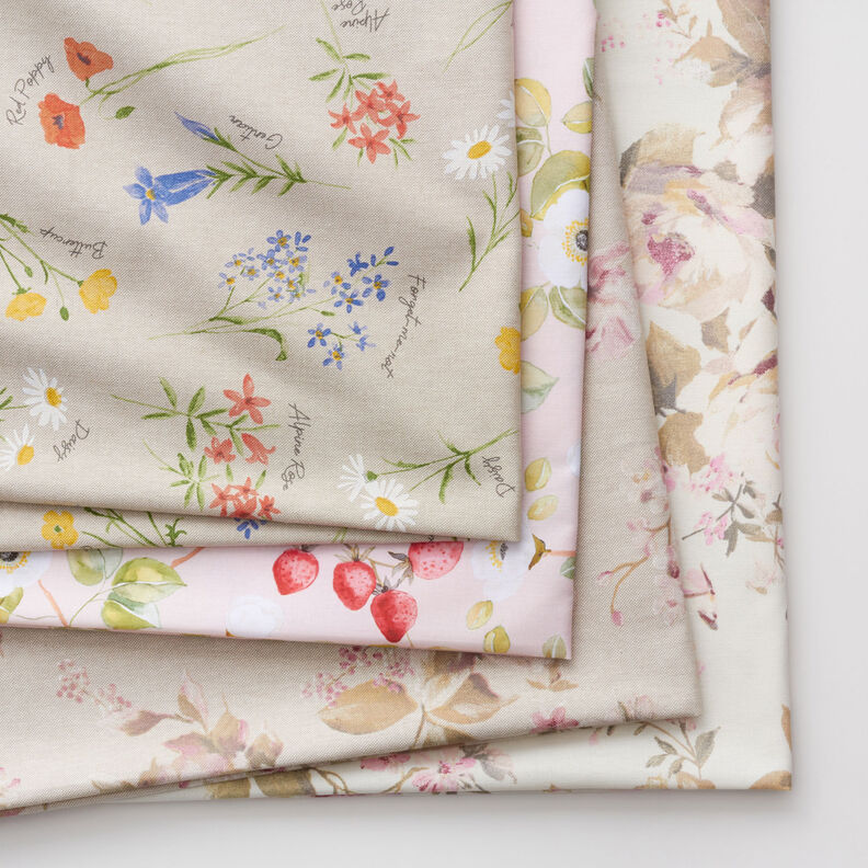 Sisustuskangas Puolipanama Alppikukat – luonnonvärinen/sininen,  image number 5