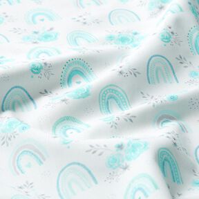 Puuvillapopliini Ruusut ja sateenkaaret &ndash; valkoinen/aalea turkoosi, 