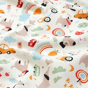 Puuvillapopliini Koirat liikkeellä– villanvalkoinen, 