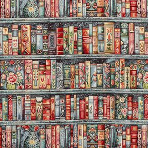 Sisustuskangas Gobeliini V&auml;rik&auml;s kirjahylly &ndash; sinikuusi/karmiininpunainen, 