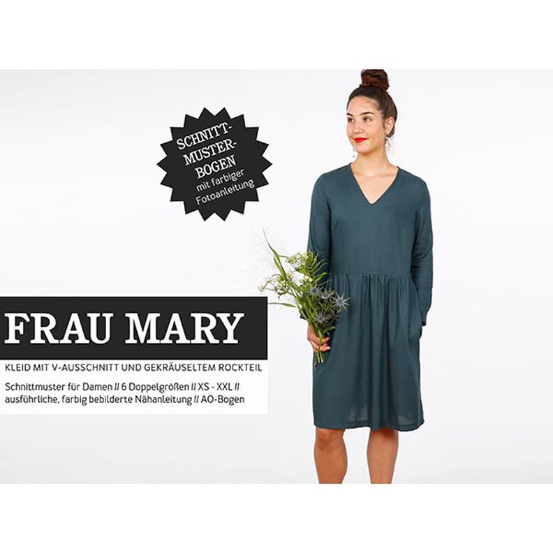 FRAU MARY – mekko, V-pääntie ja poimutettu hameosa, Studio Schnittreif  | XS -  XXL,  image number 1