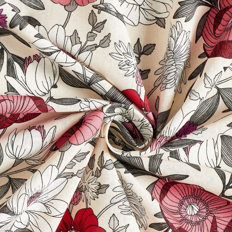 Puuvillakangas Kretonki V&auml;rikk&auml;&auml;t kukat &ndash; ryp&auml;le/luonnonv&auml;rinen,  image number 3