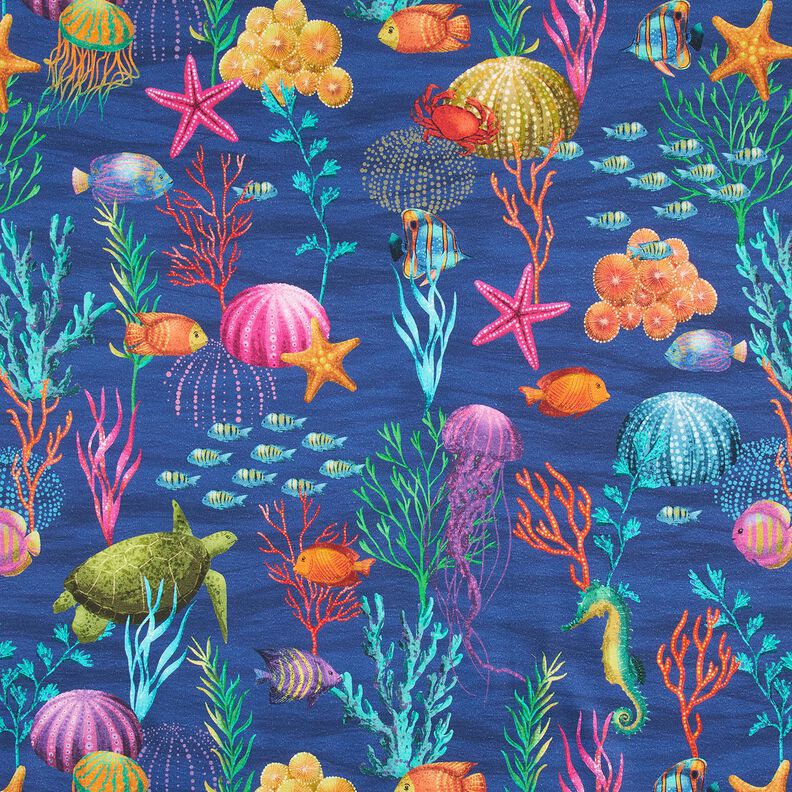 Sisustuskangas Puolipanama Värikäs vedenalainen maailma – laivastonsininen/turkoosi,  image number 1
