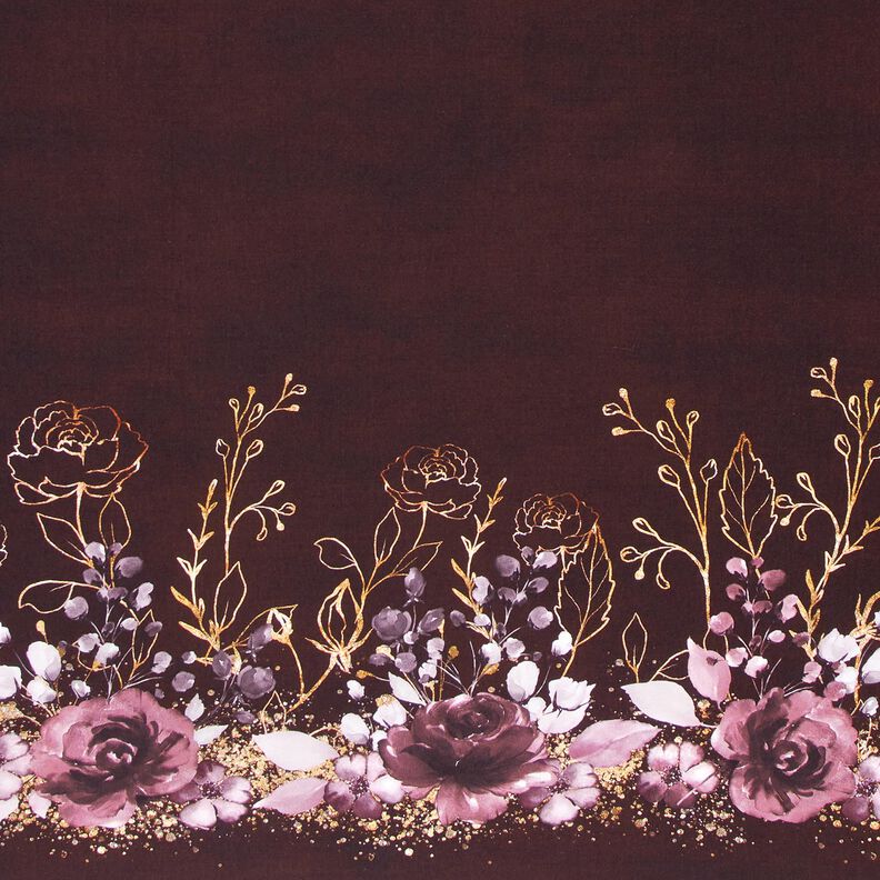 Puuvillajersey Reunuskangas Kukkia kultaisessa kimalluksessa | Glitzerp&uuml;ppi &ndash; bordeauxin,  image number 1