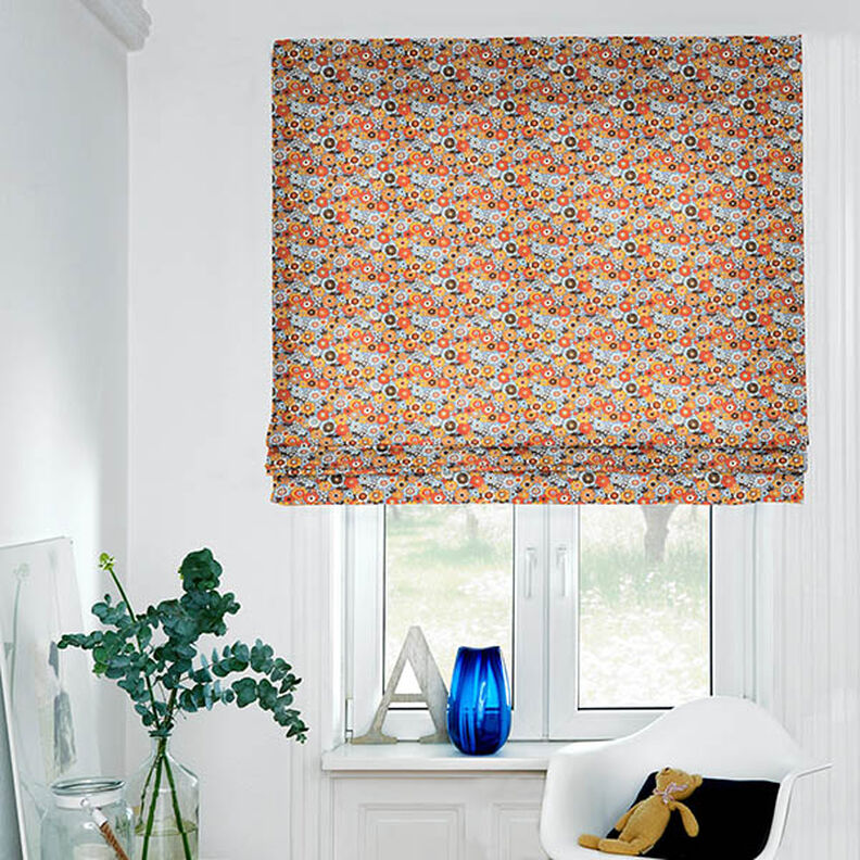 Puuvillakangas Kretonki Värikkäät kukat – vaalea farkunsininen/oranssi,  image number 8