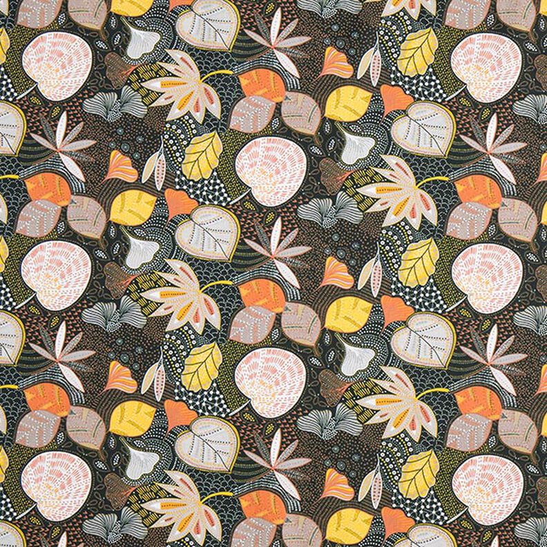 Puuvillakangas Kretonki Lehdet – musta/oranssi,  image number 1